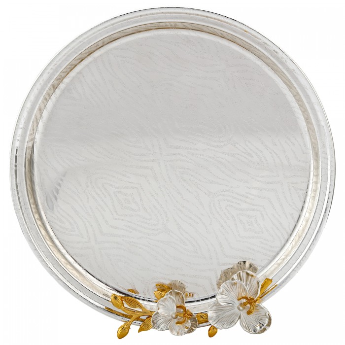 duża taca posrebrzana dekoracyjna z kwiatowym zdobieniem widok z góry