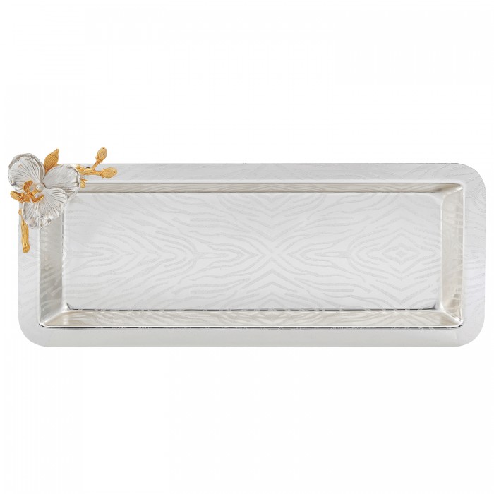 duża taca posrebrzana prostokątna dekoracyjna widok z góry z motywem kwiatowym