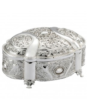 Szkatułka posrebrzana na biżuterię owalna bogato zdobiona elegancka