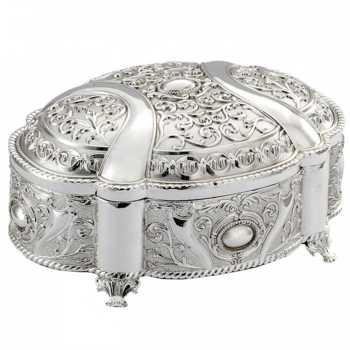 szkatułka posrebrzana na biżuterię z granatowym welurem otwarta elegancka