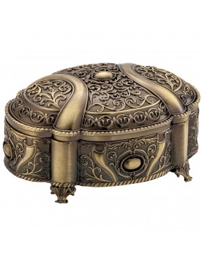 szkatułka mosiądzowana na biżuterię z bordowym welurem otwarta elegancka