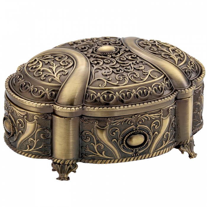 szkatułka mosiądzowana na biżuterię z bordowym welurem otwarta elegancka