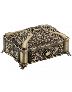 szkatułka mosiądzowana na biżuterię z bordowym welurem otwarta elegancka