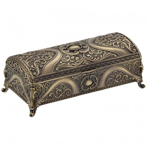 szkatułka mosiądzowana otwarta z bordowym welurem elegancka na biżuterię