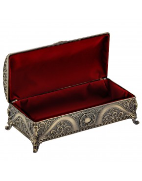 Szkatułka mosiądzowana na biżuterię podłużna z bordowym welurem