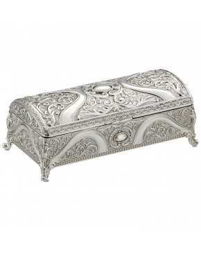 Szkatułka posrebrzana na biżuterię podłużna elegancka ornamentowa z welurem