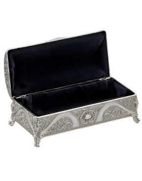 Szkatułka posrebrzana na biżuterię podłużna elegancka ornamentowa z welurem