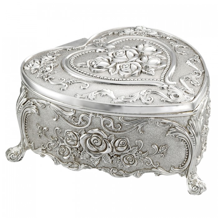 Szkatułka posrebrzana serce na biżuterię zdobiona kwiaty zamknięta