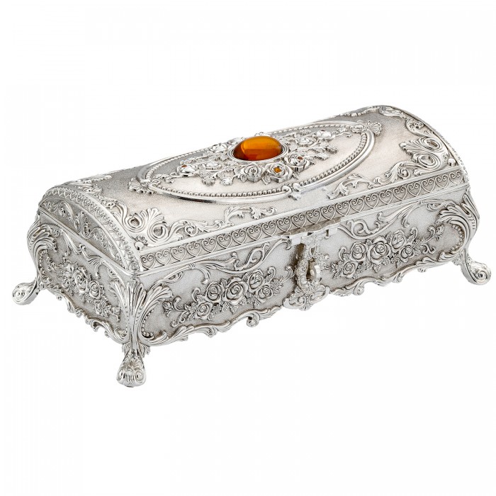 Szkatułka posrebrzana na biżuterię ze szkłem w kolorze bursztynu zamknięta