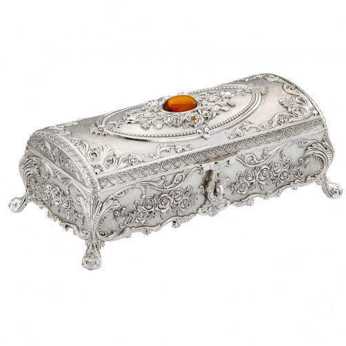 Szkatułka posrebrzana na biżuterię ze szkłem w kolorze bursztynu zamknięta