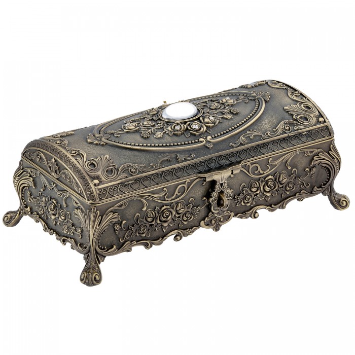 Duża szkatułka na biżuterię mosiądzowana w stylu retro z mlecznym szkłem. Pojemna, elegancka i idealna na prezent z dedykacją.