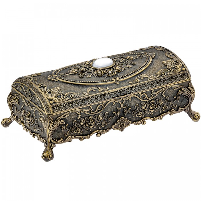 Szkatułka mosiądzowana na biżuterię na nóżkach mleczne zdobienia zamknięta elegancka