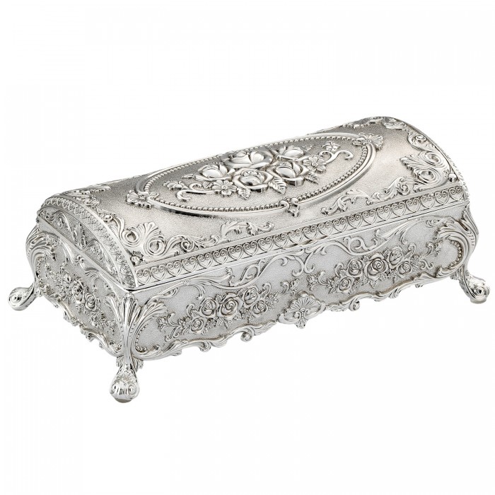 Szkatułka posrebrzana na biżuterię na nóżkach elegancka zamknięta zdobiona różyczkami