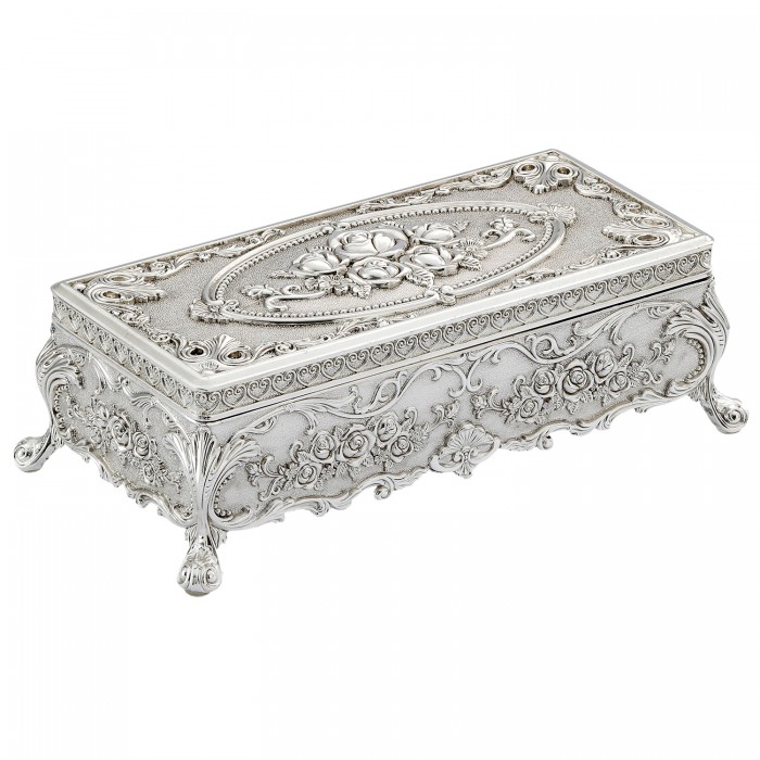 szkatułka posrebrzana na biżuterię z różami na nóżkach elegancka zamknięta