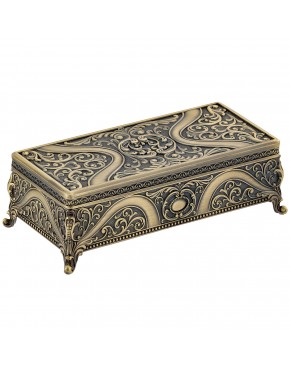 szkatułka mosiądzowana na biżuterię retro na nóżkach ornamentowa zamknięta