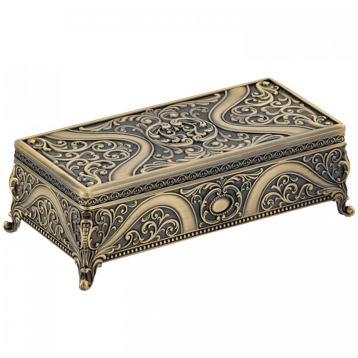 szkatułka mosiądzowana na biżuterię retro na nóżkach ornamentowa zamknięta