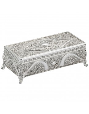 Bogato zdobiona szkatułka posrebrzana na biżuterię na nóżkach styl barokowy