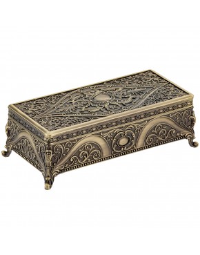 szkatułka mosiądzowana na biżuterię klasyczna na nóżkach zamknięta ornamenty