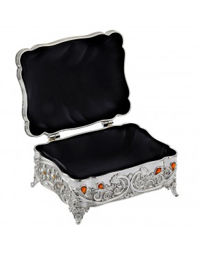 Szkatułka posrebrzana na biżuterię z szkiełkami w kolorze bursztynu na nóżkach