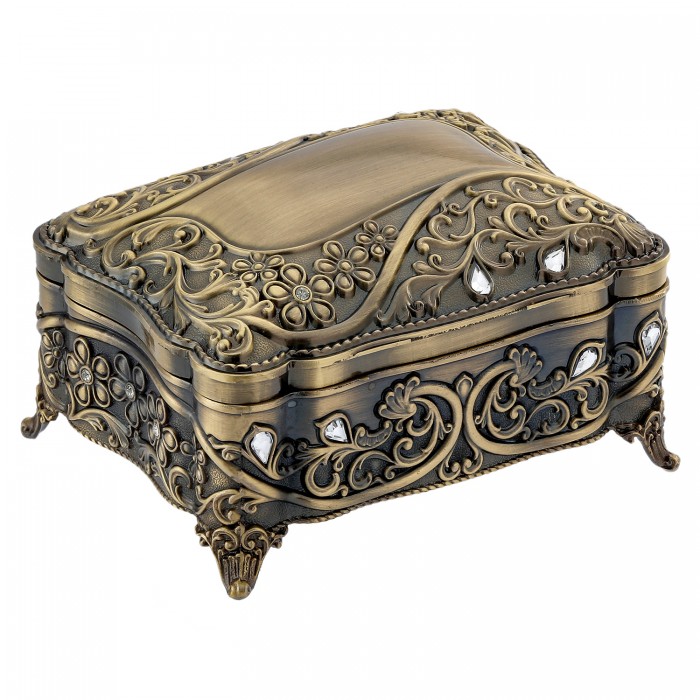 szkatułka mosiądzowana ze szkiełkami mlecznymi na biżuterię złota zamknięta ozdobna