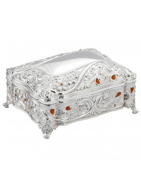 szkatułka posrebrzana na biżuterię ze szkiełkami w bursztynowym kolorze zamknięta ozdobna