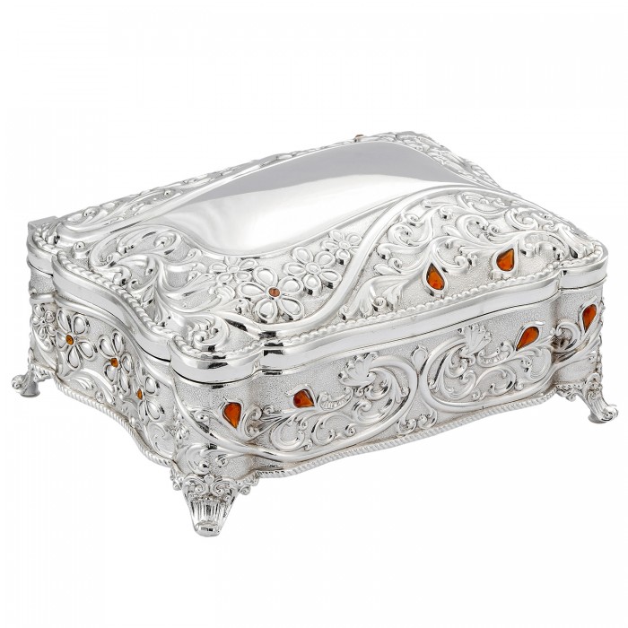 szkatułka posrebrzana na biżuterię ze szkiełkami w bursztynowym kolorze zamknięta ozdobna