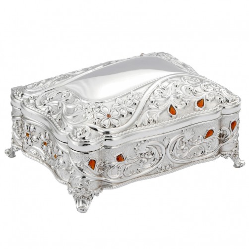 szkatułka posrebrzana na biżuterię ze szkiełkami w bursztynowym kolorze zamknięta ozdobna