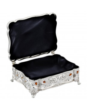 Szkatułka posrebrzana na biżuterię ze szkiełkami w bursztynowym kolorze na nóżkach