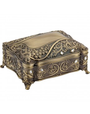 Szkatułka mosiądzowana na biżuterię z przeźroczystymi szkiełkami na nóżkach