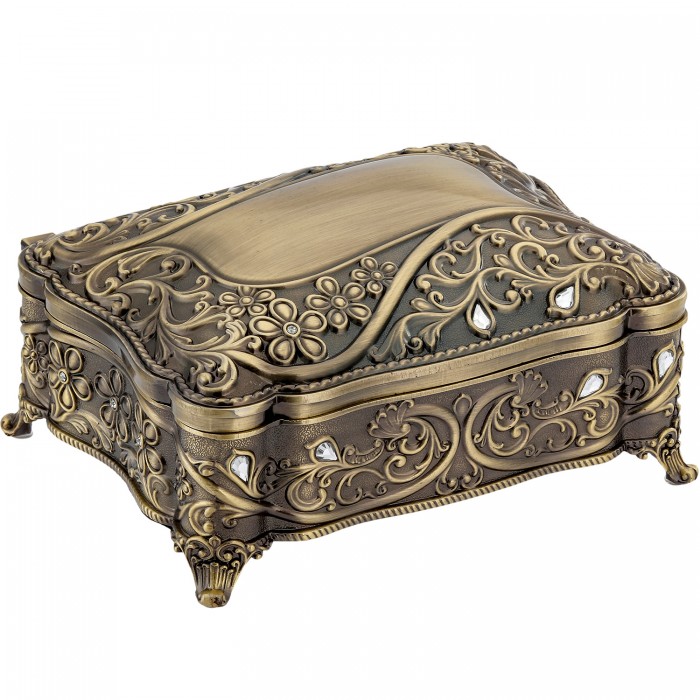 Szkatułka mosiądzowana na biżuterię z przeźroczystymi szkiełkami na nóżkach