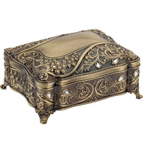 Szkatułka mosiądzowana na biżuterię z przeźroczystymi szkiełkami na nóżkach