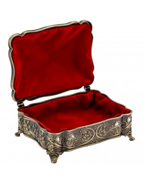 Szkatułka mosiądzowana na biżuterię z przeźroczystymi szkiełkami na nóżkach