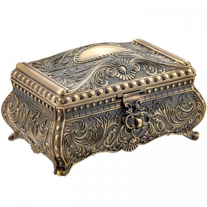duża szkatułka mosiądzowana na biżuterię zamknięta ozdobna klasyczna na nóżkach