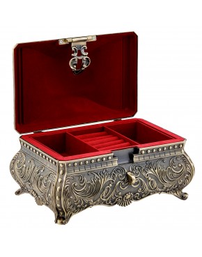 Duża szkatułka mosiądzowana na biżuterię dwupoziomowa z przegródkami i kluczykiem