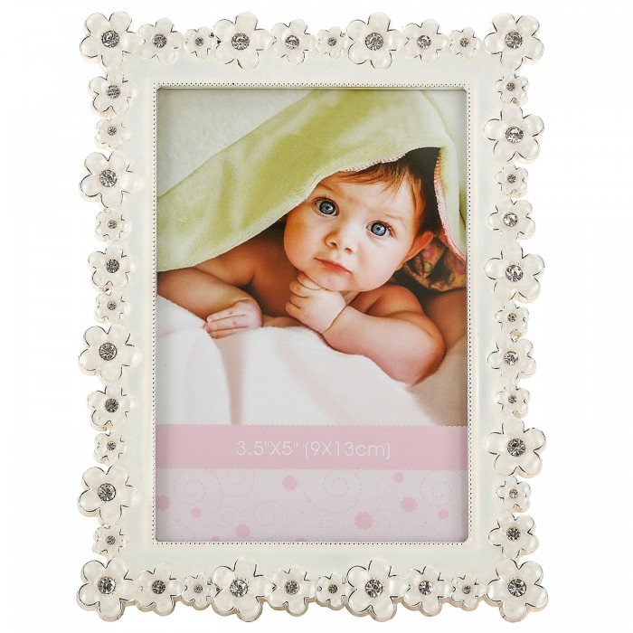 ramka na zdjęcie 9x13 kwiatki ze szkiełkami ozdobna biała dekoracyjna front