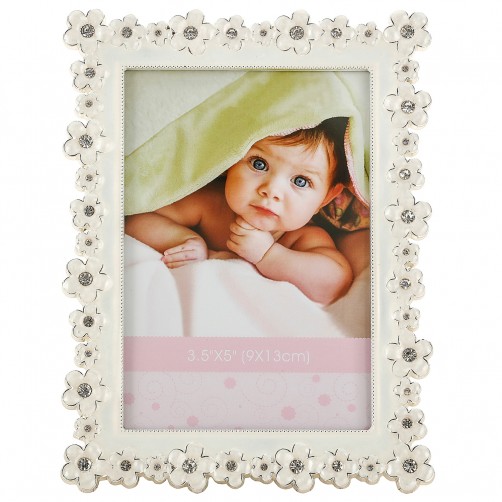 ramka na zdjęcie 9x13 kwiatki ze szkiełkami ozdobna biała dekoracyjna front