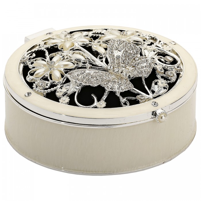 szkatułka okrągła na biżuterię z motylkiem dekoracyjna zamknięta perłowa masa plastyczna