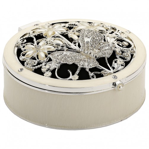 szkatułka okrągła na biżuterię z motylkiem dekoracyjna zamknięta perłowa masa plastyczna