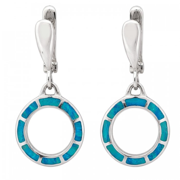 kolczyki srebrne z niebieskim opalem koła zapięcie angielskie eleganckie wiszące