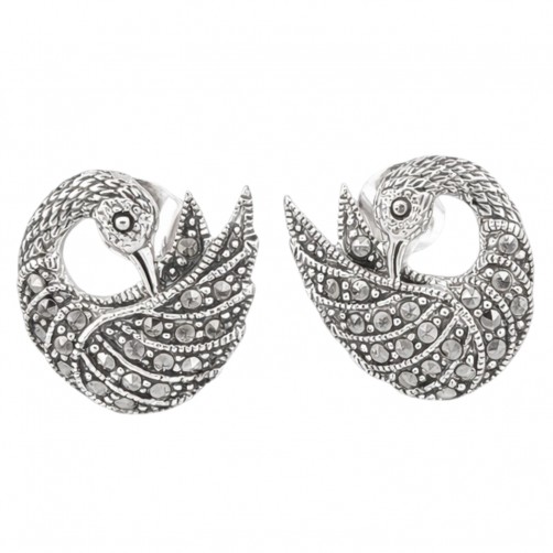 kolczyki srebrne z markazytami łabędzie wkrętki eleganckie vintage