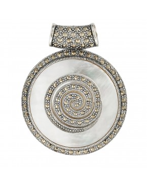 Wisiorek srebrny z masą perłową i markazytami okrągły elegancki vintage