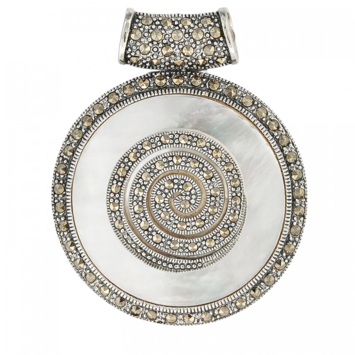 wisiorek srebrny masa perłowa markazyty okrągły elegancki vintage duży