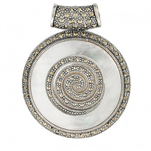 wisiorek srebrny masa perłowa markazyty okrągły elegancki vintage duży