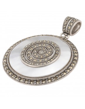 Wisiorek srebrny z masą perłową i markazytami okrągły elegancki vintage