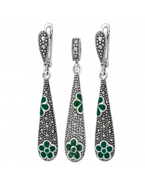 Komplet srebrny markazyty zielona emalia kolczyki i wisiorek elegancki
