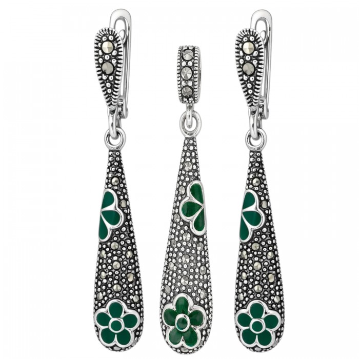 komplet srebrny markazyty zielona emalia kolczyki wisiorek elegancki