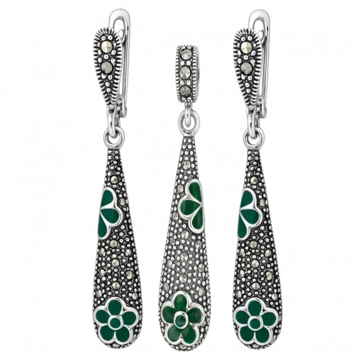 komplet srebrny markazyty zielona emalia kolczyki wisiorek elegancki