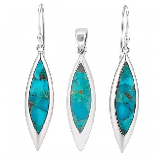 komplet srebrny z naturalnym turkusem kolczyki wiszące i wisiorek