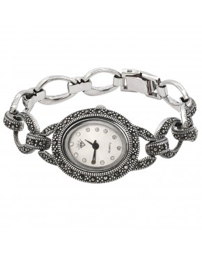 Elegancki srebrny zegarek damski z markazytami vintage