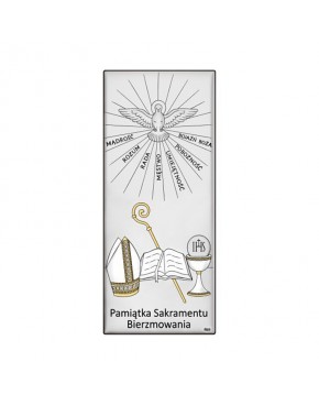 srebrna ikona Pamiątka Bierzmowania – obrazek religijny na drewnianej podstawie